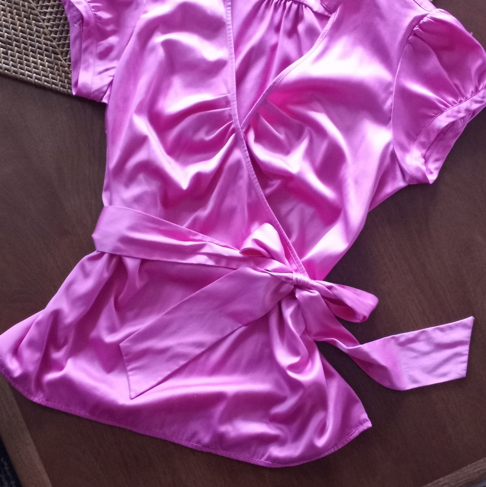 Express Satin Wrap Blouse in Bright Pink - Picture 2 of 12